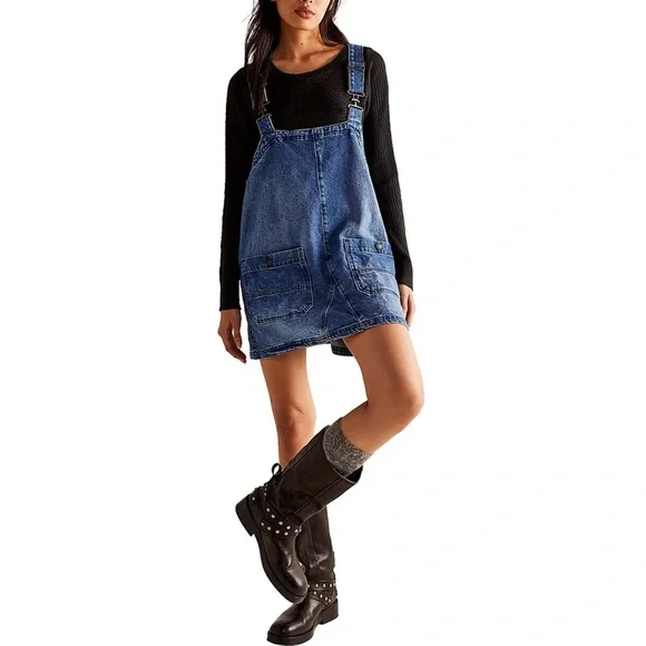 denim smock dress Blue Denim Zip Neck Midi Smock Dress
